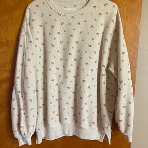 Aerie Cream Sweatshirt with Pink Floral Pattern